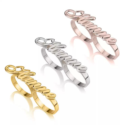 Three name rings in gold, silver, and rose gold on a white background. Double hole rings. Stainless Steel Name Jewelry. Custom Gift-Personalized. gift for boyfriend / girlfriend. long-distance relationship gift meaningful keepsake. Memory gift. Christmas couple gift. Birthday Gift. 