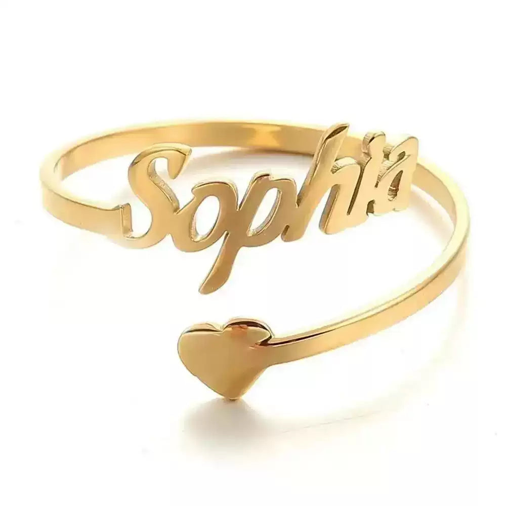 Gold ring with 'Sophia' engraved on a white background. Stainless Steel Name Jewelry. Custom Gift-Personalized. gift for boyfriend / girlfriend. long-distance relationship gift meaningful keepsake. Memory gift. Christmas couple gift. Birthday Gift. 