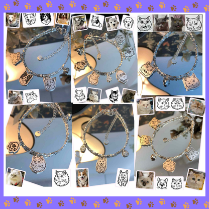 Collage of cat-themed jewelry with small images of cats around it. memory gift, pets bracelets