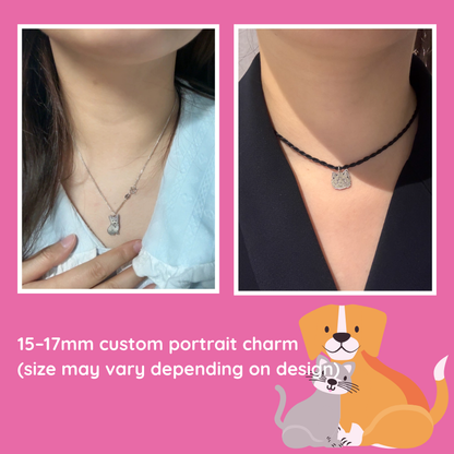 Two necklaces with custom portrait charms on a pink background, featuring a dog and cat illustration. 15-17mm pendant.
