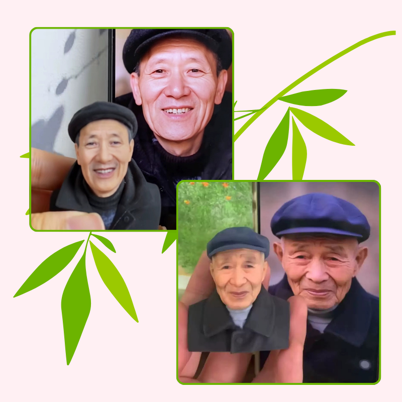 Collage of four images of an elderly man with green leaves on a light pink background. Personalized 3D printed resin memorial bust, keepsake gift, Custom resin 3D bust, Grateful memorial for loved one. Unique memorial sculpture. Cherishes memories. Grateful memorial 3D printed resin bust. Personalized keepsake