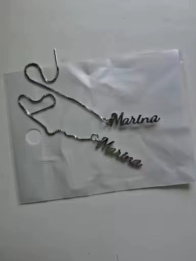 Silver necklace with 'Marina' engraving on a white card Stainless Steel Name Jewelry. Custom Gift-Personalized. gift for boyfriend / girlfriend. long-distance relationship gift meaningful keepsake. Memory gift. Christmas couple gift. Birthday Gift. Vertical Chain Threader Earrings