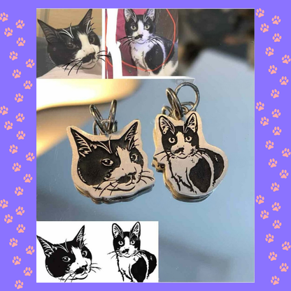Cat-themed keychains with a purple border featuring paw prints. Cat pendant, pets jewerly, memory gift