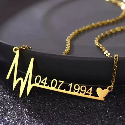 Gold necklace with a heart rate design and date '04.07.1994' on a dark . Stainless Steel Name Jewelry. Custom Gift-Personalized. gift for boyfriend / girlfriend. long-distance relationship gift meaningful keepsake. Memory gift. Christmas couple gift. Birthday Gift. Memorable Date Necklace