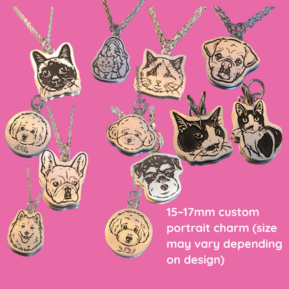 Collection of dog and cat portrait charms on pink background, 15-17mm custom portrait charm, size may vary depending on design