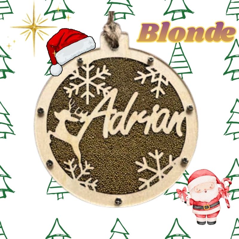 Wooden ornament with 'Adrian' engraved, surrounded by Christmas-themed decorations. custom Christmas Gift