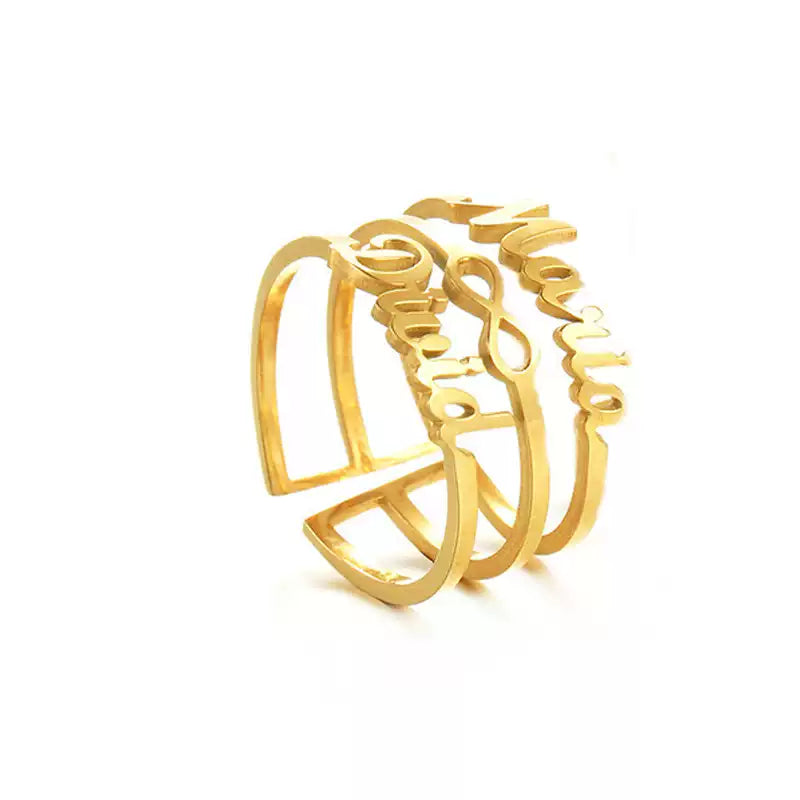 Gold ring with decorative design on a white background. Stainless Steel Name Jewelry. Custom Gift-Personalized. gift for boyfriend / girlfriend. long-distance relationship gift meaningful keepsake. Memory gift. Christmas couple gift. Birthday Gift. Infinity Embrace