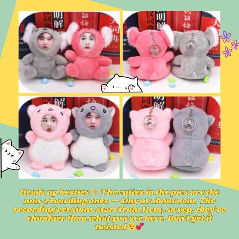Four views of pink and gray plush toys with keychains on a red and blue patterned background. Custom Gift-Personalized Talking Photo Keychain, gift for couples, ift for boyfriend / girlfriend long-distance relationship gift meaningful keepsake