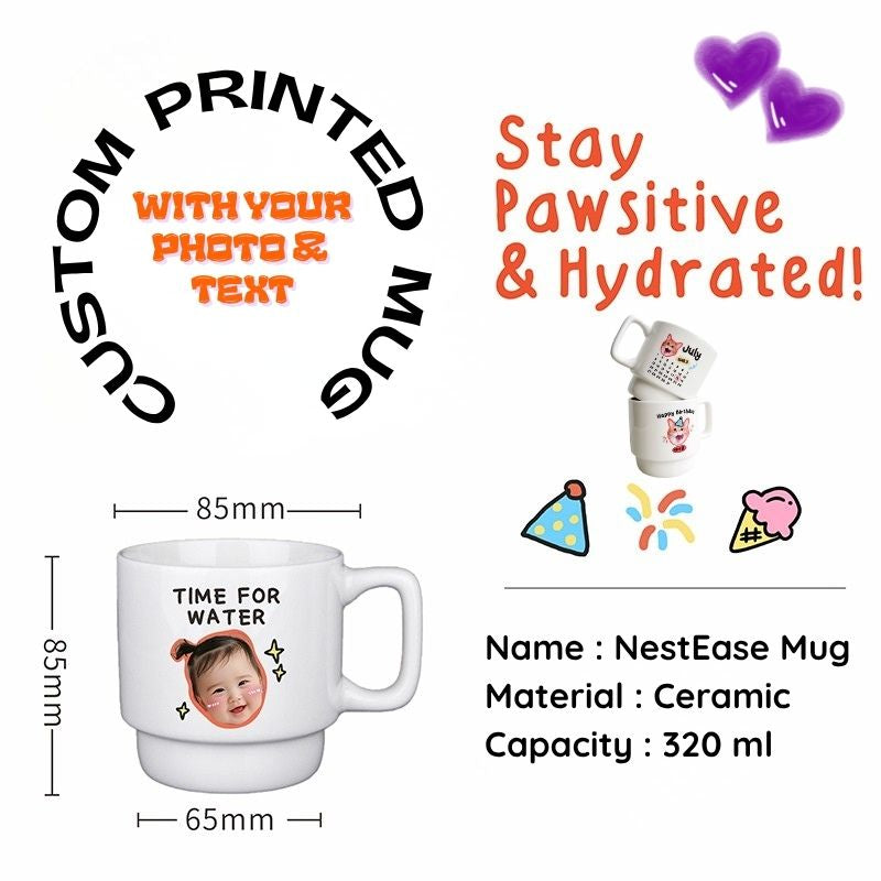 White mug with text 'Time for water' and a child's face, surrounded by promotional text and graphics.