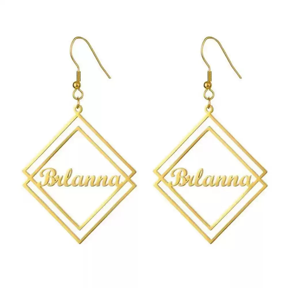 Gold earrings with 'Bilanna' inscription on a white background Stainless Steel Name Jewelry. Custom Gift-Personalized. gift for boyfriend / girlfriend. long-distance relationship gift meaningful keepsake. Memory gift. Christmas couple gift. Birthday Gift. Geometric Stack Hook Earrings