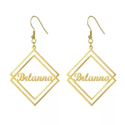 Gold earrings with 'Bilanna' inscription on a white background Stainless Steel Name Jewelry. Custom Gift-Personalized. gift for boyfriend / girlfriend. long-distance relationship gift meaningful keepsake. Memory gift. Christmas couple gift. Birthday Gift. Geometric Stack Hook Earrings