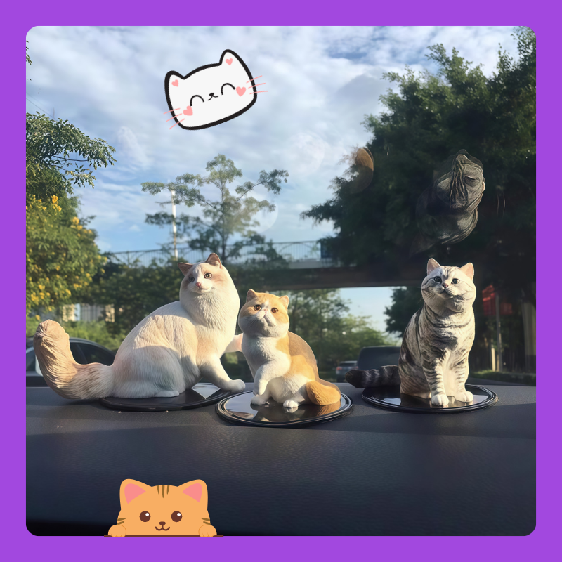 Three cat-shaped car dashboard decorations on a car's dashboard with a scenic background. Memory gift, Pet lovers, Personalized 3D printed dog figurine, pet memory keepsake, Custom 3D printed cat figurine, cherished pet gift, beloved pet, Perfect memory gift