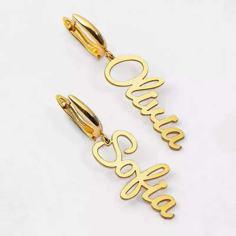 Gold pendant with 'Olivia Sofia' engraved on a white background Stainless Steel Name Jewelry. Custom Gift-Personalized. gift for boyfriend / girlfriend. long-distance relationship gift meaningful keepsake. Memory gift. Christmas couple gift. Birthday Gift. Vertical Charm Ear Cuffs