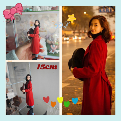 Collage of a person in a red coat holding shoes, with a smaller figure of the same person in a red coat and black shoes. Personalized couple present. Gift for boyfriend girlfriend. Custom-made. Personalized. Perfect gift idea. Meaningful keepsake. Wedding gift. Anniversary gift. Birthday gift