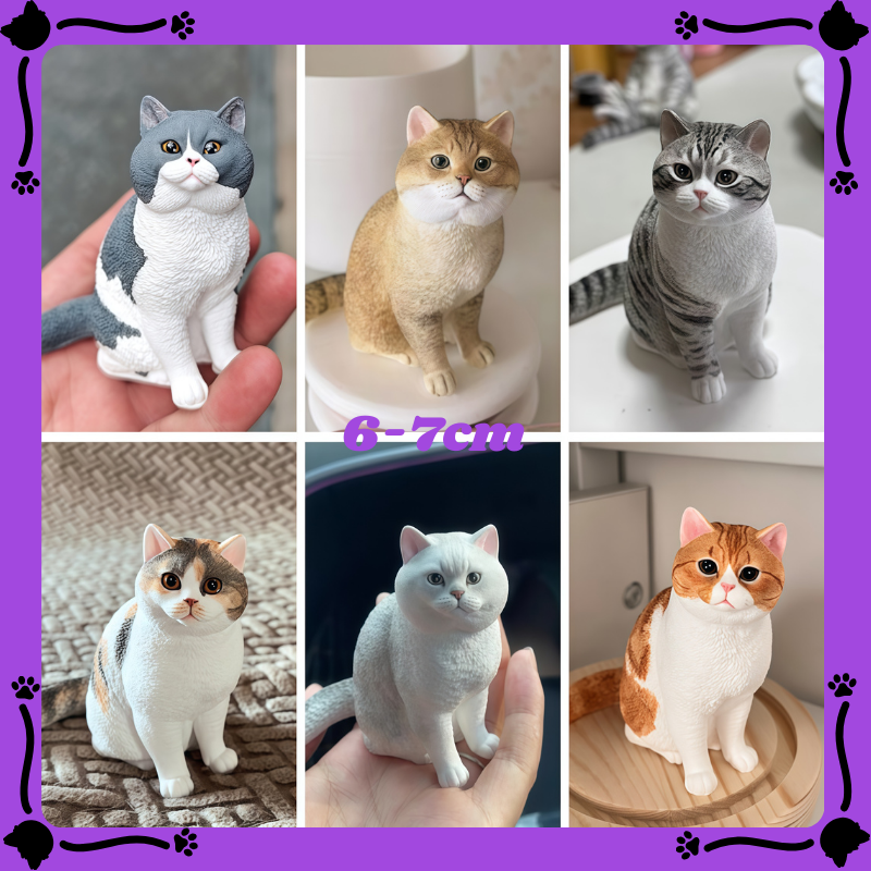 Collage of various cat figurines with a purple border and paw print . 6-7cm long figurine. Memory gift, Pet lovers, Personalized 3D printed dog figurine, pet memory keepsake, Custom 3D printed cat figurine, cherished pet gift, beloved pet, Perfect memory giftdecorations.