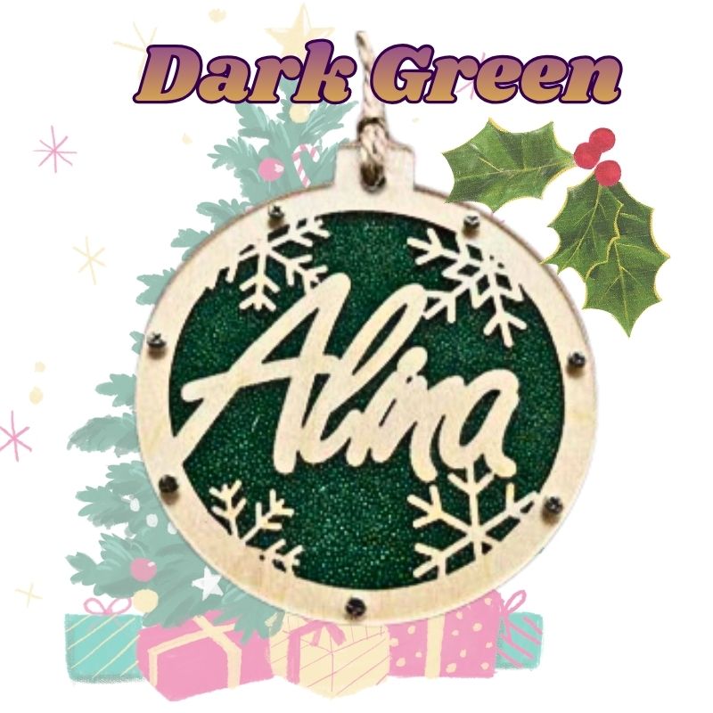 Decorative ornament with 'Alina' and snowflake design on a green background with Christmas elements. custom Christmas Gift
