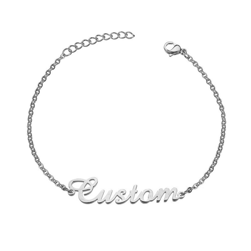 Silver chain bracelet with 'Custom' clasp on a white background. Stainless Steel Name Jewelry. Custom Gift-Personalized. gift for boyfriend / girlfriend. long-distance relationship gift meaningful keepsake. Memory gift. Christmas couple gift. Birthday Gift. 