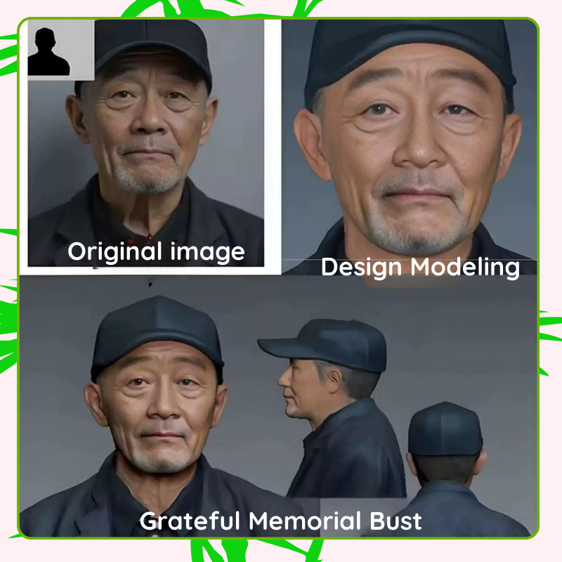 Comparison of an original image, design modeling, and a Grateful Memorial Bust sculpture. Personalized 3D printed resin memorial bust, keepsake gift, Custom resin 3D bust, Grateful memorial for loved one. Unique memorial sculpture. Cherishes memories. Grateful memorial 3D printed resin bust. Personalized keepsake