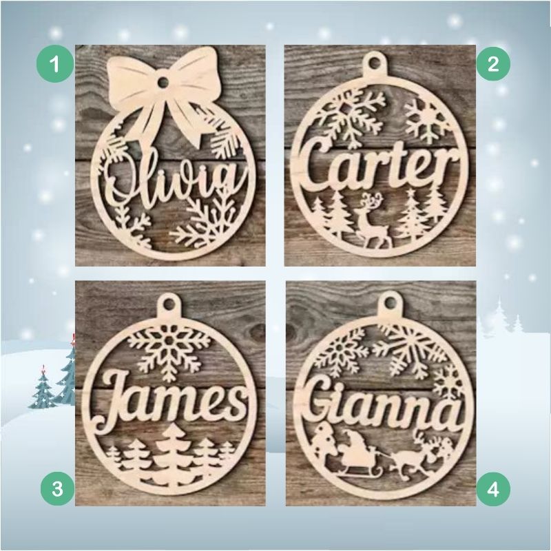 Four wooden Christmas ornaments with names engraved on a snowy background