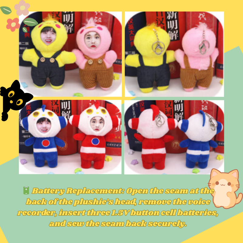 Four plush toys in different costumes with a yellow border and text instructions. Battery replacement : open the seam at the back of the plushire's head, remove the voice recorder, insert three 1.5V button cell batteries, and sew the seam back securely. Custom Gift-Personalized Talking Photo Keychain, gift for couples, ift for boyfriend / girlfriend long-distance relationship gift meaningful keepsake