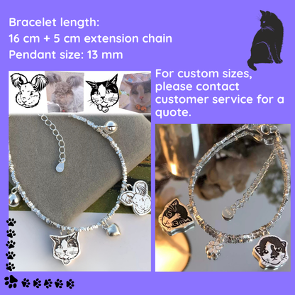 Bracelet with cat pendant on a purple background with text about bracelet length and extension chain. custom bracelet, pet jewerly, memory gift
