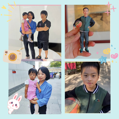 Collage of a family with a child, a toy figure, and a young boy outdoors. Personalized couple present. Gift for boyfriend girlfriend. Custom-made. Personalized. Perfect gift idea. Meaningful keepsake. Wedding gift. Anniversary gift. Birthday gift