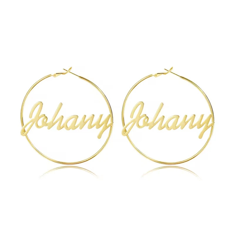 Gold hoop earrings with 'Johany' engraving on a white background Stainless Steel Name Jewelry. Custom Gift-Personalized. gift for boyfriend / girlfriend. long-distance relationship gift meaningful keepsake. Memory gift. Christmas couple gift. Birthday Gift. Retro Classic Hoop Name Earrings