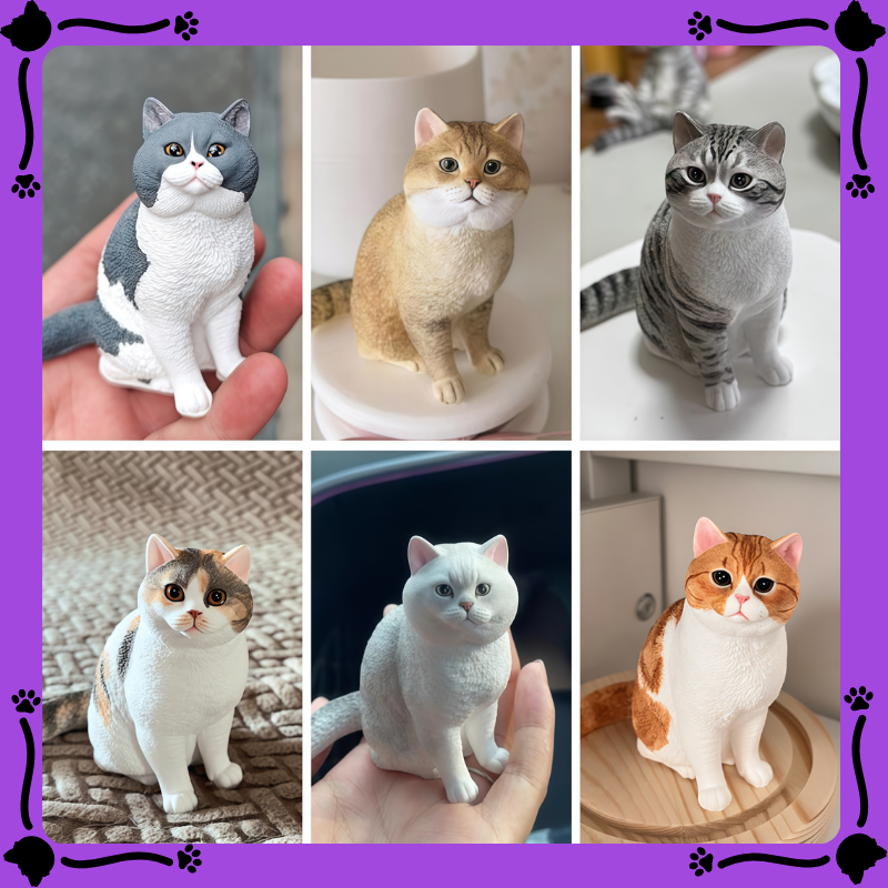 Collage of various cat figurines in different poses and colors. cat figurines photo shows. Memory gift, Pet lovers, Personalized 3D printed dog figurine, pet memory keepsake, Custom 3D printed cat figurine, cherished pet gift, beloved pet, Perfect memory gift