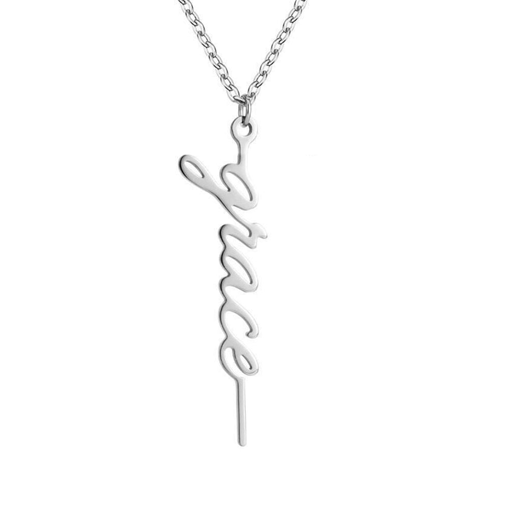 Silver necklace with a script-style pendant on a white background Stainless Steel Name Jewelry. Custom Gift-Personalized. gift for boyfriend / girlfriend. long-distance relationship gift meaningful keepsake. Memory gift. Christmas couple gift. Birthday Gift. Vertical Name Necklace