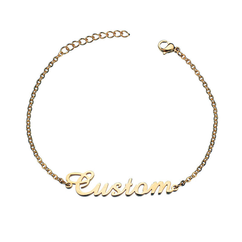 Gold bracelet with 'Custom' charm on a white background. O chain. Stainless Steel Name Jewelry. Custom Gift-Personalized. gift for boyfriend / girlfriend. long-distance relationship gift meaningful keepsake. Memory gift. Christmas couple gift. Birthday Gift. 