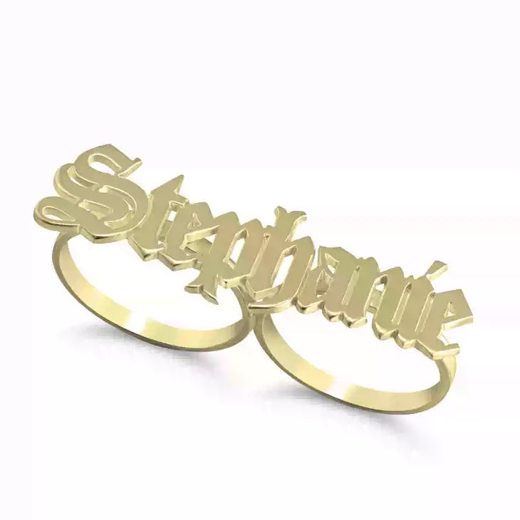Gold ring with 'Stephanie' engraved on a white background. Double hole rings. Stainless Steel Name Jewelry. Custom Gift-Personalized. gift for boyfriend / girlfriend. long-distance relationship gift meaningful keepsake. Memory gift. Christmas couple gift. Birthday Gift. 