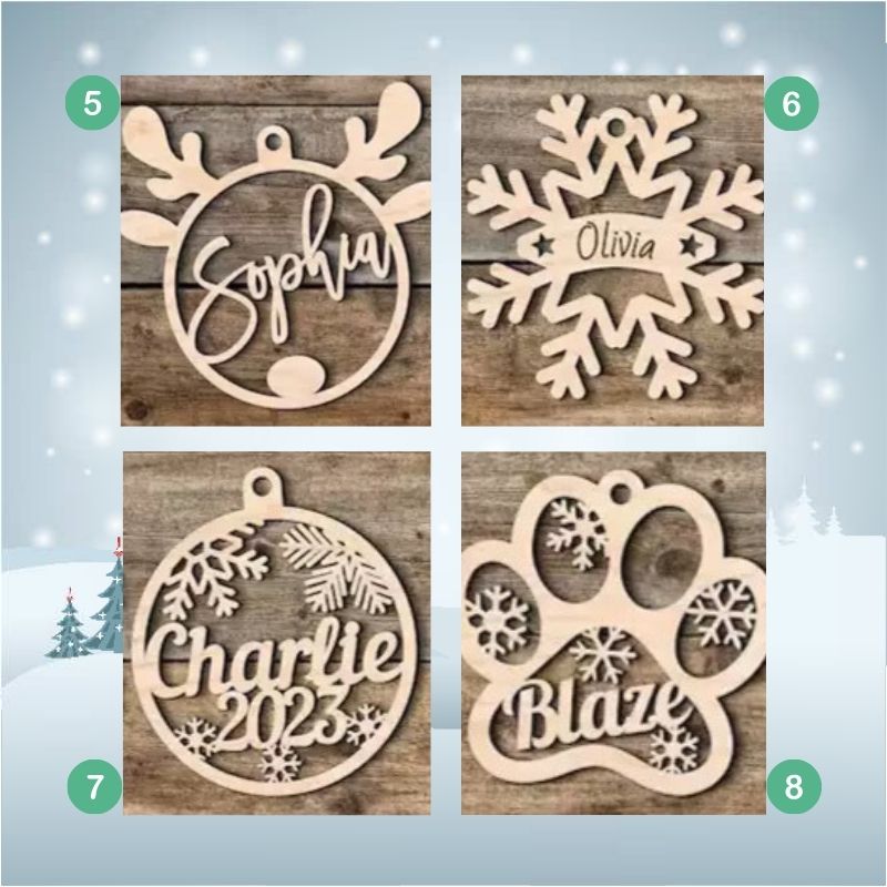 Four wooden Christmas ornaments with names engraved on a snowy background