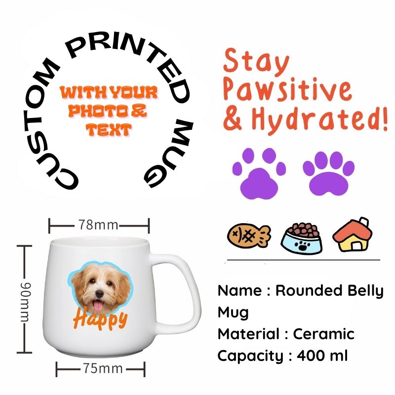 Promotional graphic for a custom printed mug with text and measurements.