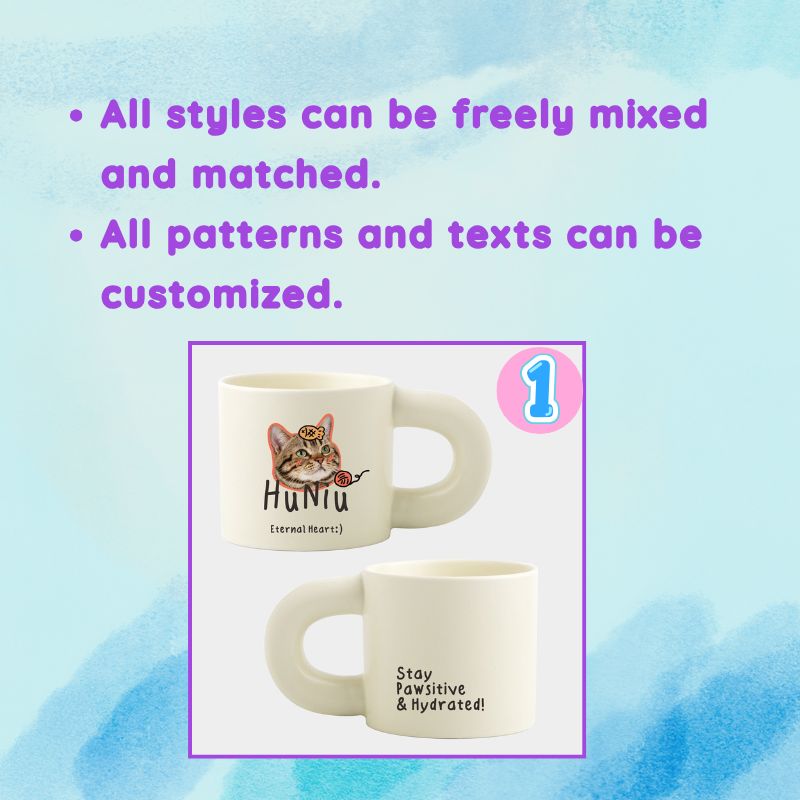 Two mugs with cat-themed designs on a blue and white gradient background with text about customizable styles.