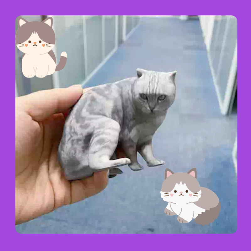 Small gray cat figurine held in a hand with cartoon cat illustrations on a purple border. Memory gift, Pet lovers, Personalized 3D printed dog figurine, pet memory keepsake, Custom 3D printed cat figurine, cherished pet gift, beloved pet, Perfect memory gift