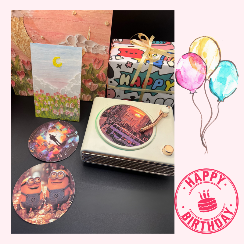 Decorative items including coasters, a small box, and a card with balloons and 'Happy Birthday' stamp on a white background. Personalized couple present. Gift for boyfriend. Custom-made. Personalized. Perfect gift idea. Meaningful keepsake