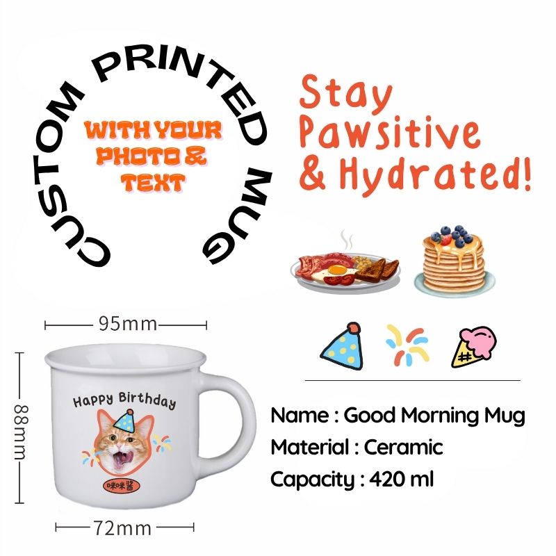 Promotional graphic of a ceramic mug with text and images, including a dog wearing a birthday hat and breakfast items.