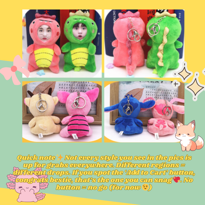 Collage of plush keychains with cartoon designs on a yellow and green background. quick note not every style for everywhere. different regions different drops. Custom Gift-Personalized Talking Photo Keychain, gift for couples, ift for boyfriend / girlfriend long-distance relationship gift meaningful keepsake