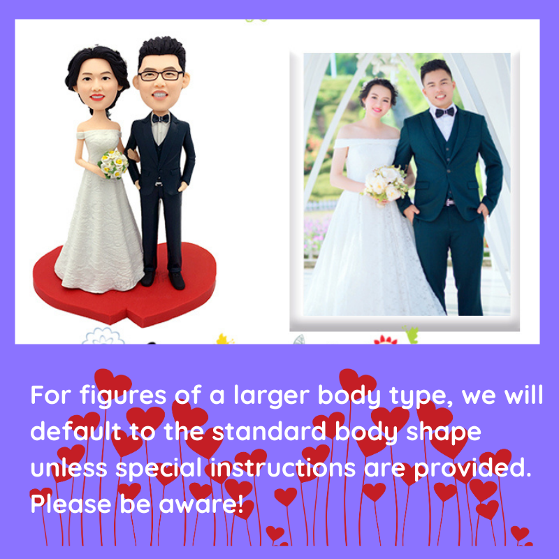 Wedding couple figurines and photo on a purple background with text. For figures of a larger body type, we will default to the standard body shape unless special instructions are provided. Personalized couple present. Gift for boyfriend girlfriend. Custom-made. Personalized. Perfect gift idea. Meaningful keepsake. Wedding gift. Anniversary gift. Birthday gift