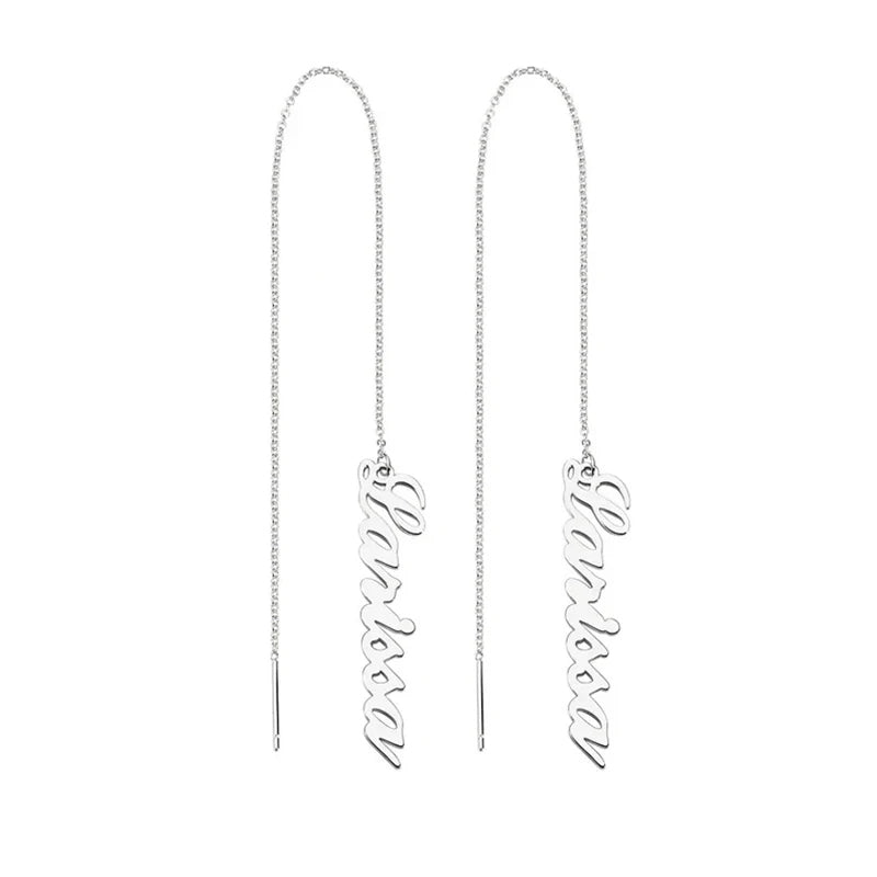 Pair of silver threader earrings on a white background Stainless Steel Name Jewelry. Custom Gift-Personalized. gift for boyfriend / girlfriend. long-distance relationship gift meaningful keepsake. Memory gift. Christmas couple gift. Birthday Gift. Vertical Chain Threader Earrings