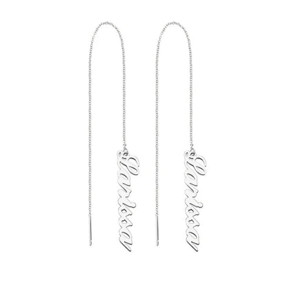Pair of silver threader earrings on a white background Stainless Steel Name Jewelry. Custom Gift-Personalized. gift for boyfriend / girlfriend. long-distance relationship gift meaningful keepsake. Memory gift. Christmas couple gift. Birthday Gift. Vertical Chain Threader Earrings
