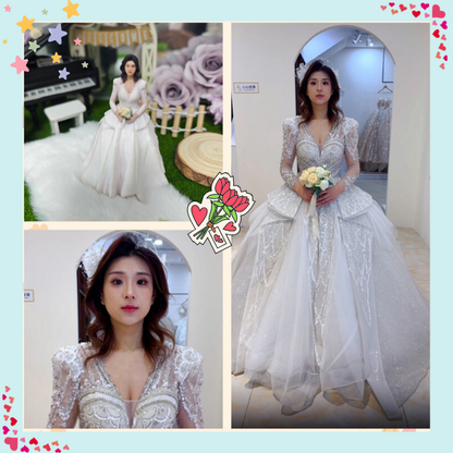 Collage of a woman in a white wedding dress with close-up shots and decorative elements. 3D printed wedding figurine. Personalized couple present. Gift for boyfriend girlfriend. Custom-made. Personalized. Perfect gift idea. Meaningful keepsake. Wedding gift. Anniversary gift. Birthday gift