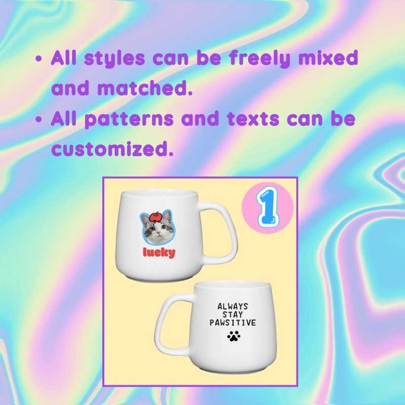 Two white mugs with text and graphics on a colorful, abstract background with text about style customization.