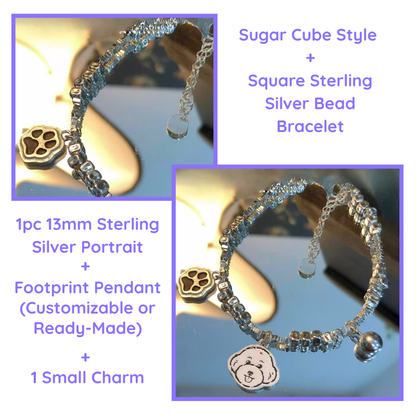 Silver bracelet with portrait and footprint pendant and small charm on a reflective surface. custom bracelet, pet jewerly, memory gift
