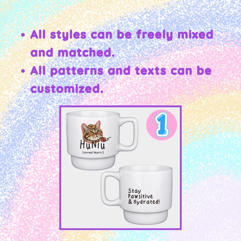 Two white mugs with text and a cat illustration on a colorful gradient background.