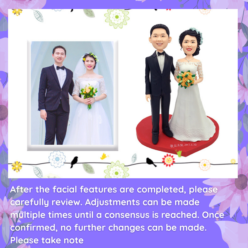 Wedding couple figurines next to a photo of a real couple with floral decorations. After the facial features are completed, please carefully review. adjustments can be made multiple times until a consensus is reached. once confirmed, no further changes can be made. Personalized couple present. Gift for boyfriend girlfriend. Custom-made. Personalized. Perfect gift idea. Meaningful keepsake. Wedding gift. Anniversary gift. Birthday gift