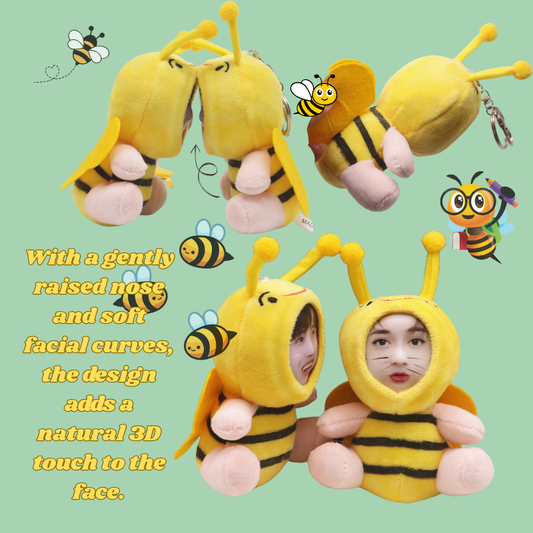 Plush bee costumes with cartoon bees on a green background. With a gently raised nose and soft facial curves, the design adds a natural 3D touch to the face. Custom Gift-Personalized Talking Photo Keychain, gift for couples, ift for boyfriend / girlfriend long-distance relationship gift meaningful keepsake