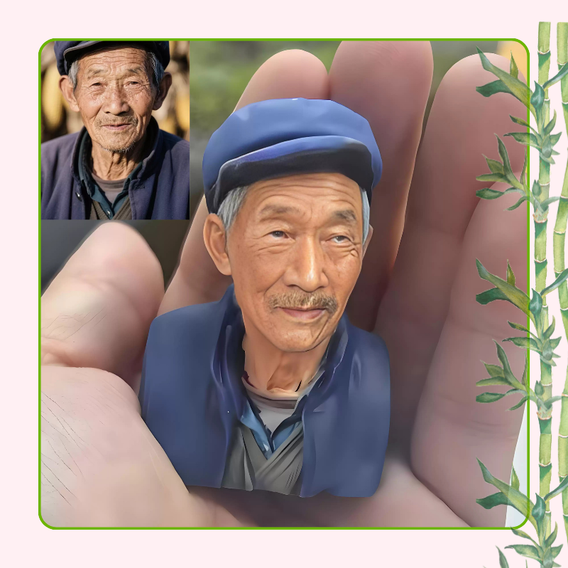 Illustration of an elderly man wearing a blue cap held between fingers, with a smaller inset photo of the same man. Personalized 3D printed resin memorial bust, keepsake gift, Custom resin 3D bust, Grateful memorial for loved one. Unique memorial sculpture. Cherishes memories. Grateful memorial 3D printed resin bust. Personalized keepsake