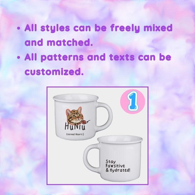 Two mugs with cat illustrations and text on a colorful, tie-dye background with promotional text.