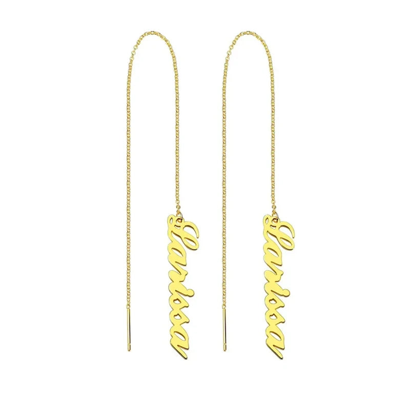 Gold threader earrings with 'Forever' inscription on a white background Stainless Steel Name Jewelry. Custom Gift-Personalized. gift for boyfriend / girlfriend. long-distance relationship gift meaningful keepsake. Memory gift. Christmas couple gift. Birthday Gift. Vertical Chain Threader Earrings